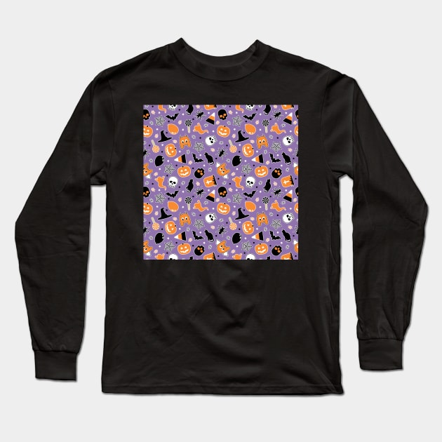 Halloween Pattern Purple Orange Black Long Sleeve T-Shirt by Blue-Banana